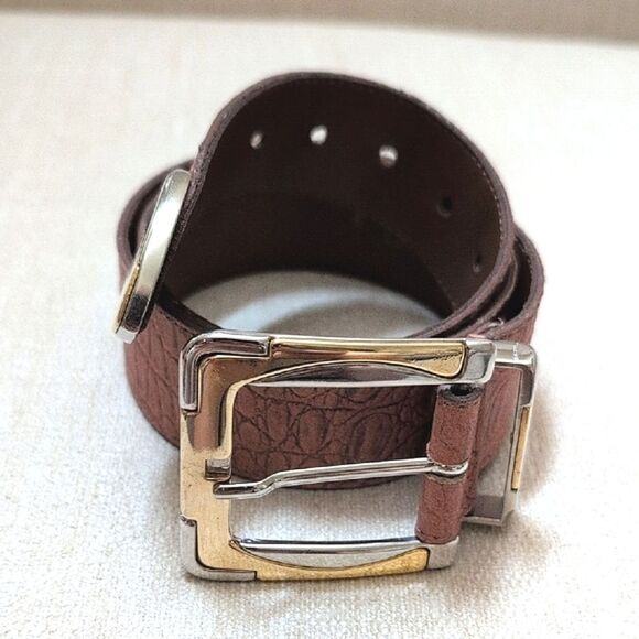 Vintage Accessories - Genuine Leather Croc Embossed Brown Belt Gold & Silver Buckle and Tip Vintage